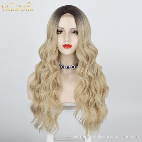 Vigorous Long Blonde Body Wave Full Synthetic Lace Wigs for Black Women Middle Part Ombre Dark Root Heat Resistant Fiber Wig